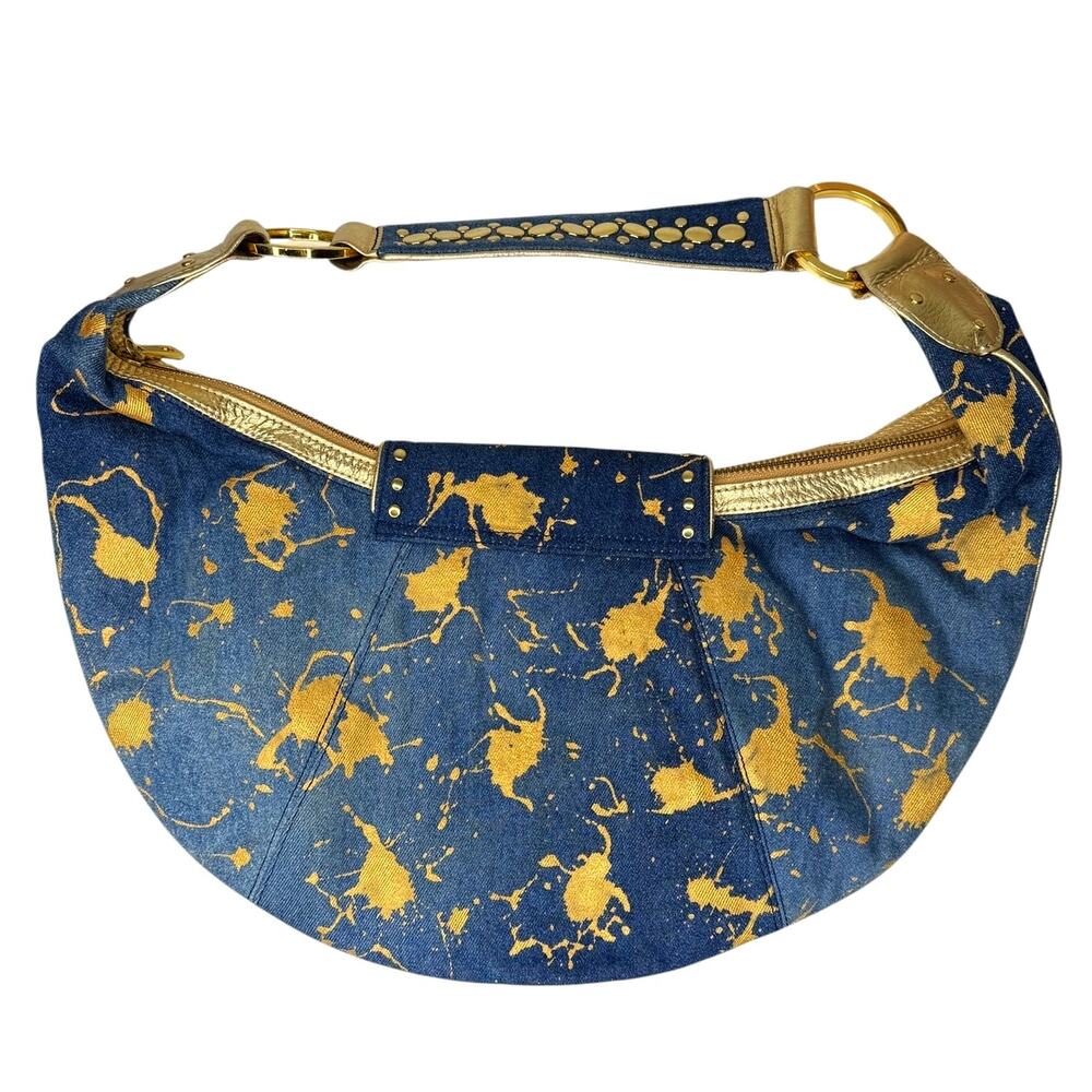 Y2K Denim & Gold Metallic Shoulder Bag Boho Glam Streetwear Purse - Picture 2 of 16